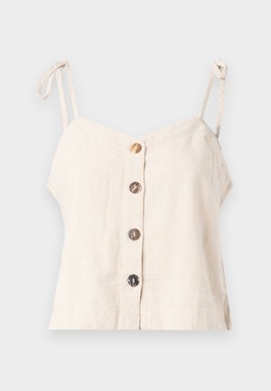 Jasno beżowy lniany top na ramiączkach z regulowanymi paskami, ozdobiony pięcioma drewnianymi guzikami z przodu i luźnym krojem.