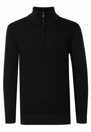 Suéter negro de media cremallera, hecho de material de punto acanalado, con mangas largas y un cuello alto para mayor calidez y comodidad.