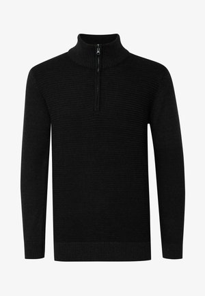 Suéter negro de media cremallera, hecho de material de punto acanalado, con mangas largas y un cuello alto para mayor calidez y comodidad.