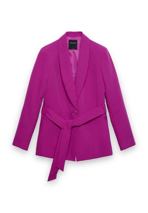 Blazer da donna fucsia con colletto sciallato, maniche lunghe, chiusura con un bottone e cintura in tessuto abbinato annodata in vita.