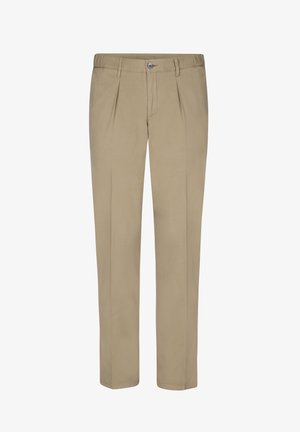 Pantalones beiges con frente plano, dos pinzas y cierre de botón. Fabricados en una tela suave con un diseño de pierna recta.