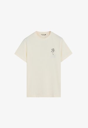 Kortærmet t-shirt i cremefarve med rund hals og lille sort linjetegning af en vase med blomster på venstre bryst.