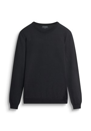 Suéter negro hecho de una tela de punto suave. Presenta un cuello redondo clásico, mangas largas y puños y dobladillo acanalados.