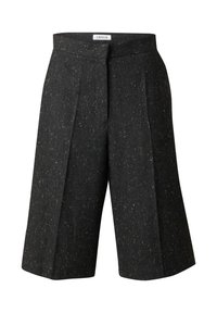 Schwarze Culottes aus strukturiertem Stoff mit subtilen Sprenkeln, ausgestattet mit einem hohen Bund und vorderen Falten für zusätzliche Dimension.