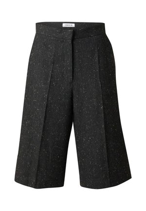 Zwarte culottes gemaakt van textuurstof met subtiele spikkels, voorzien van een hoge tailleband en voorplooien voor extra dimensie.
