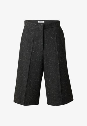 Zwarte culottes gemaakt van textuurstof met subtiele spikkels, voorzien van een hoge tailleband en voorplooien voor extra dimensie.