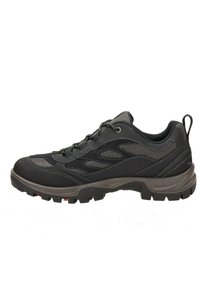 Scarpe da trekking nere con pannelli in rete, suola in gomma testurizzata e punta rinforzata. Presentano un colletto imbottito e un sistema di allacciatura resistente.