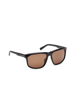 Schwarze Sonnenbrille mit braun getönten Gläsern. Quadratische Form mit glatter Oberfläche und metallischen Akzenten an der Seite.