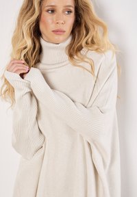 Maglione beige con colletto alto e maniche a costine, realizzato in un morbido tessuto testurizzato. Il design presenta una vestibilità ampia e una silhouette fluida.