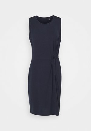 Ärmelloses, knielanges Kleid in Marineblau mit rundem Ausschnitt und seitlicher Knotendetail, dargestellt vor weißem Hintergrund.