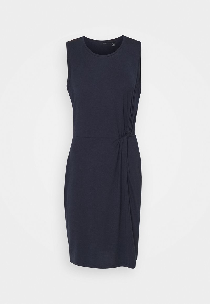 Robe sans manches bleu marine longueur genou avec col rond et nœud latéral, présentée sur un fond blanc.