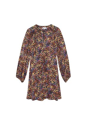 Kortærmet kjole med blomstermønster i flere farver, herunder gul, grøn, pink og blå. Stoffet er let og har et flydende design.