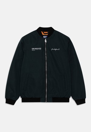 Schwarze Bomberjacke mit einem Reißverschluss vorne, gerippten Bündchen und Saum. Mit gestickten Grafiken auf der Brust und seitlichen Taschen. Glatte Textur.