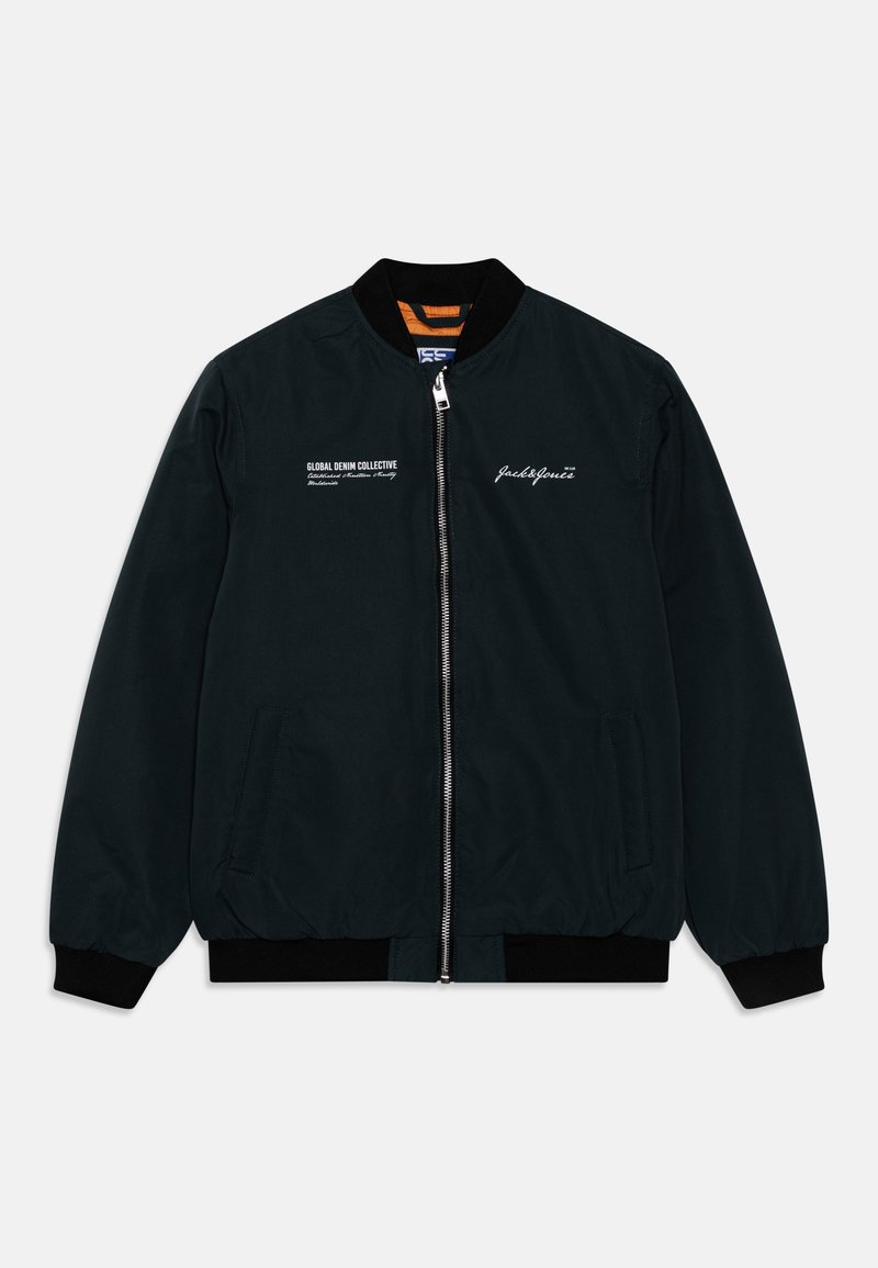 Black bomber jacket with a zip front, ribbed cuffs and hem. Features embroidered graphics on the chest and side pockets. Smooth texture.