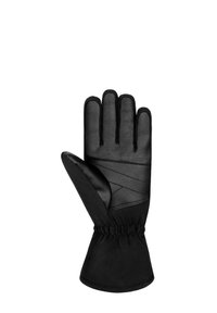 Guantes negros de cuero y tela, con muñeca ajustada, cinco dedos y detalles de costura diagonal en la palma.