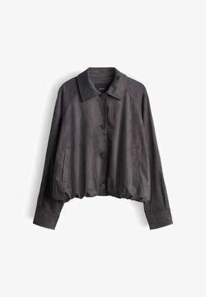 Dunkelgraue, zum Knöpfen geeignete Jacke mit weitem Kragen, langen Ärmeln, seitlichen Taschen und einem elastischen Saum, dargestellt vor weißem Hintergrund.