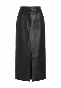 Crna kožna midi suknja s prednjim prorezom, strukturiranim pojasom i šavnim detaljima, s glatkom, sjajnom teksturom.