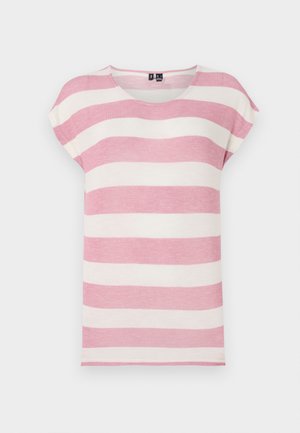 T-shirt à manches courtes rayé en rose clair et crème, avec un col rond, une texture douce et une coupe ample.