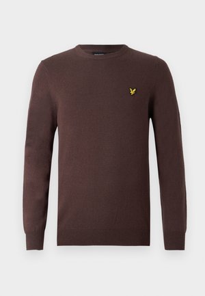 Brown sweater made from soft knit fabric, featuring a round neckline and long sleeves. Embroidered yellow bird accent on the chest.