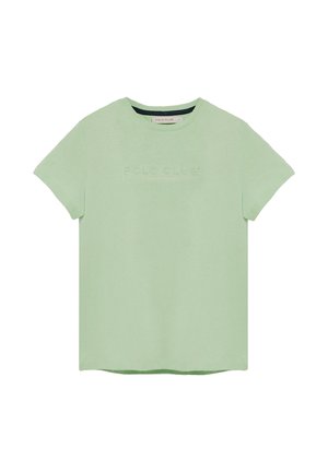 T-shirt vert clair en coton doux. Doté d'un col rond et de manches courtes. Texte "POLO CLUB" en relief sur le devant. Design simple.
