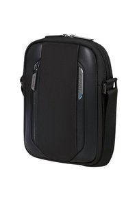 Borsa a tracolla nera con un tessuto testurizzato, dettagli lisci e una tasca frontale con zip. Presenta una tracolla regolabile e un design elegante.