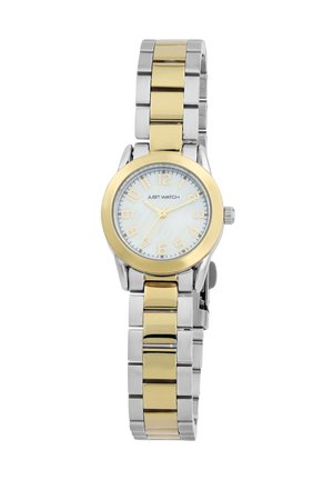 Silver and gold-tone wristwatch with a round face, white mother-of-pearl dial, gold hour markers, and a stainless steel band.