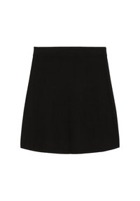 Jupe noire avec une taille ajustée et une silhouette en A. Texture lisse, sans motifs ni embellissements visibles. Longueur mi-cuisse.