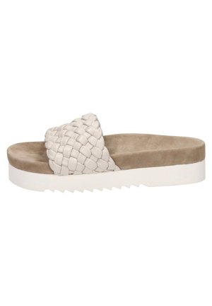 Beige slidesandal med flet læderrem, polstret ruskindsål og tyk hvid gummisål med takkekant.