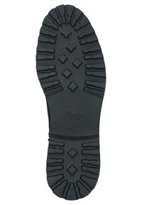 Suola di scarpa in gomma nera con scanalature profonde, superficie testurizzata e motivi incrociati per una migliore presa. Al centro si trova il logo del marchio.