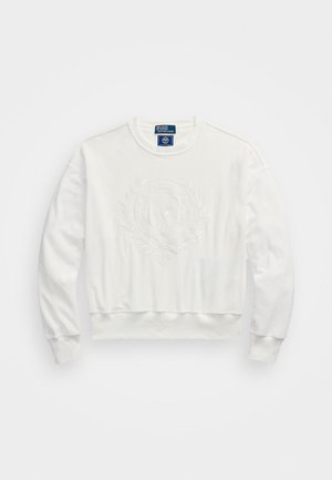 Lyhytvalkoinen huppari, joka on valmistettu pehmeästä kankaasta ja jossa on kohotettu logo sekä koristeelliset laakerinlehdet etupuolella, pyöreä pääntie ja ribatut hihansuut.