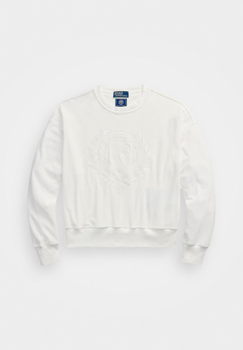 Felpa bianca cropped realizzata in tessuto morbido, caratterizzata da un logo in rilievo e allori decorativi sul davanti, scollatura tonda e polsini a costine.