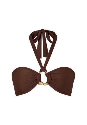 Brown bikini top with a halter neck design, gathered fabric, and a gold ring accent at the center. Smooth texture with ties at the back.