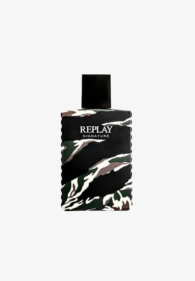 Replay Signature parfumburk med en kamouflage-mönstrad design i svart, vitt och grönt, med en matt svart kork.