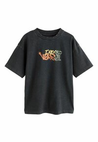 Czarna, oversize koszulka z krótkimi rękawami, z kolorowym nadrukiem "T-Rex Vibes". Wykonana z bawełnianego materiału o teksturowanym wykończeniu.