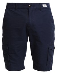 Pantaloni cargo blu navy con chiusura a bottone, passanti per cintura e tasche a patta su entrambe le cosce.