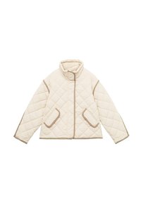 Veste matelassée ivoire avec col haut, bordure beige et deux poches avant. Présente une forme carrée et une texture douce.