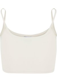 Kuttet tanktop i lys beige stoff med justerbare spaghetti-stropper og en glatt, tettsittende design. Ingen mønstre eller dekorasjoner.
