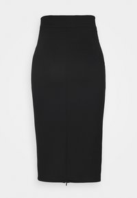 Zwarte kokerrok met een gladde textuur, hoge tailleontwerp en een achteropening nabij de zoom. Eenvoudige en aansluitende silhouet.