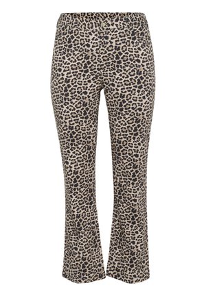 Leopardenmuster-Hosen in Beige und Schwarz, mit einem dehnbaren Bund und ausgestelltem Bein. Hergestellt aus weichem Stoff mit einer glatten Textur.