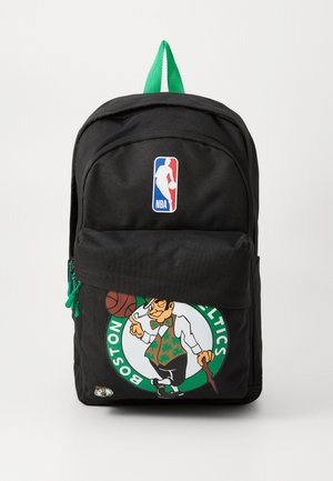 Black backpack made of durable fabric, featuring green accents, Boston Celtics logo, and NBA logo. Double zippers with green pulls.