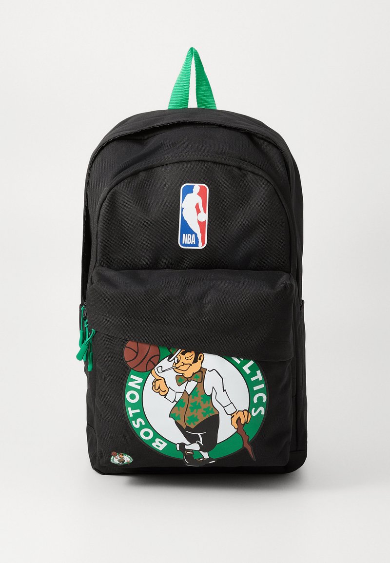 Black backpack made of durable fabric, featuring green accents, Boston Celtics logo, and NBA logo. Double zippers with green pulls.