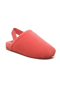 Coral-colored slipper with a soft, textured fabric. Features a rounded toe, backless design, and a stretchy slingback strap.