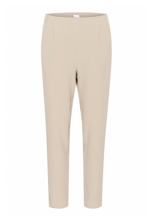 Beige tapered trousers with a smooth texture, featuring two front pockets and a stretchy waistband for comfort and flexibility.
