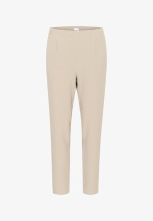 Bežaste sužene hlače s glatkom teksturom, koje imaju dva prednja džepa i rastezljivi pojas za udobnost i fleksibilnost.