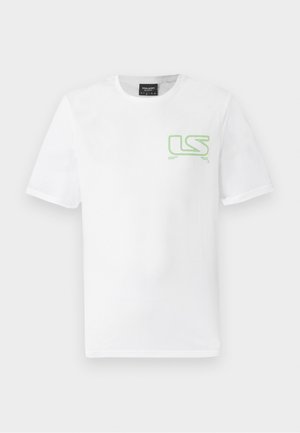 White cotton t-shirt with short sleeves, featuring a green "LS" graphic design on the left chest area. Classic crew neckline.