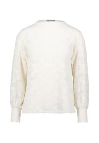 Weißer pullover aus floraler Spitze mit langen Ärmeln. Hat einen runden Halsausschnitt und gewellte Bündchen. Strukturmuster mit filigranen Blumendetails.