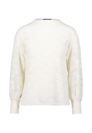 Witte bloemenkant pullover met lange mouwen. Heeft een ronde halslijn en gegolfde manchetten. Getextureerd patroon met intrikate bloemendetails.