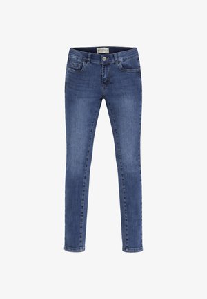 Jeans denim blu a taglio slim con bottoni e cerniera frontali, passanti per cintura e design a cinque tasche, mostrati su uno sfondo bianco.