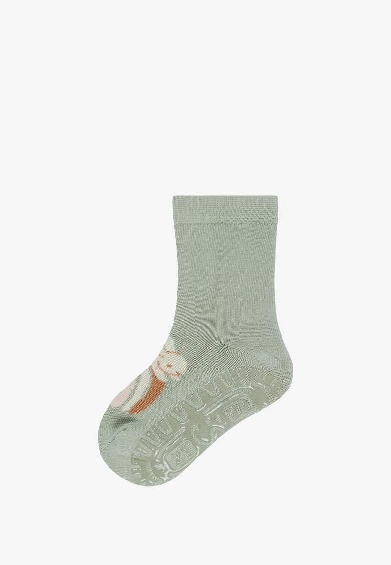 Mint green sock featuring a bunny motif, ribbed texture, and a non-slip silicone grip pattern on the sole.