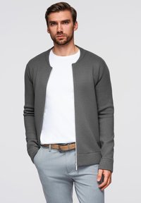 Grå strik cardigan med kravefri design, ribbede ærmer og lynlås lukning, båret over en hvid t-shirt og parret med lysegrå bukser.